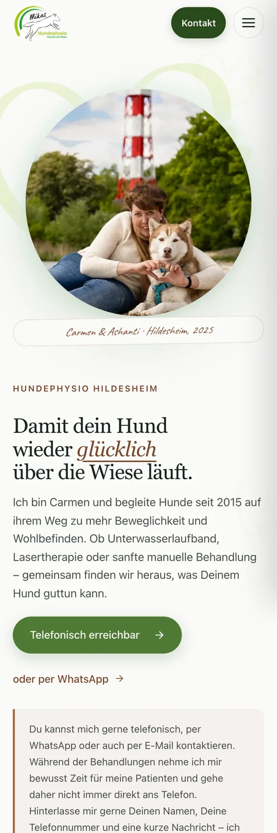 Mobile-Screenshot der Website Mikas Hundephysio
