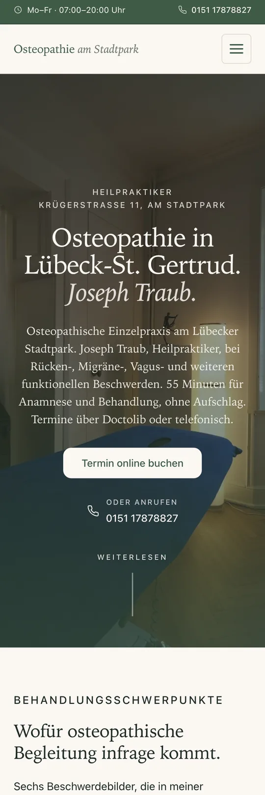 Mobile-Screenshot der Website Osteopathie am Stadtpark
